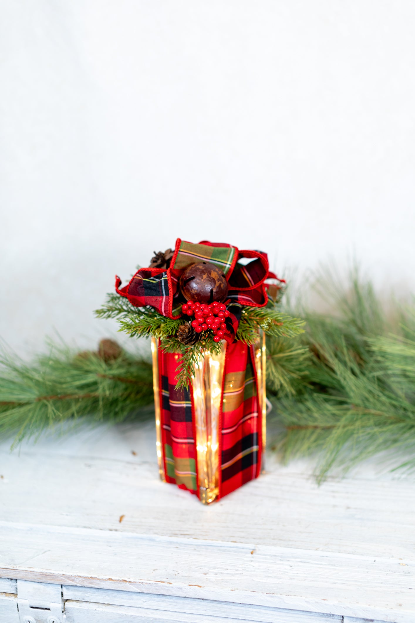 Battery Operated Red & Green Plaid Jingle Bell Vertical Light Block