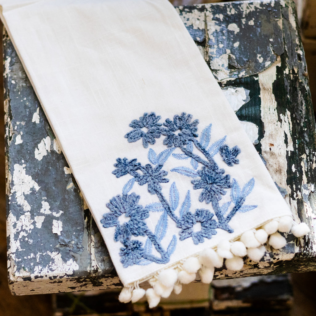 Hand Towel White Linen and Blue Floral