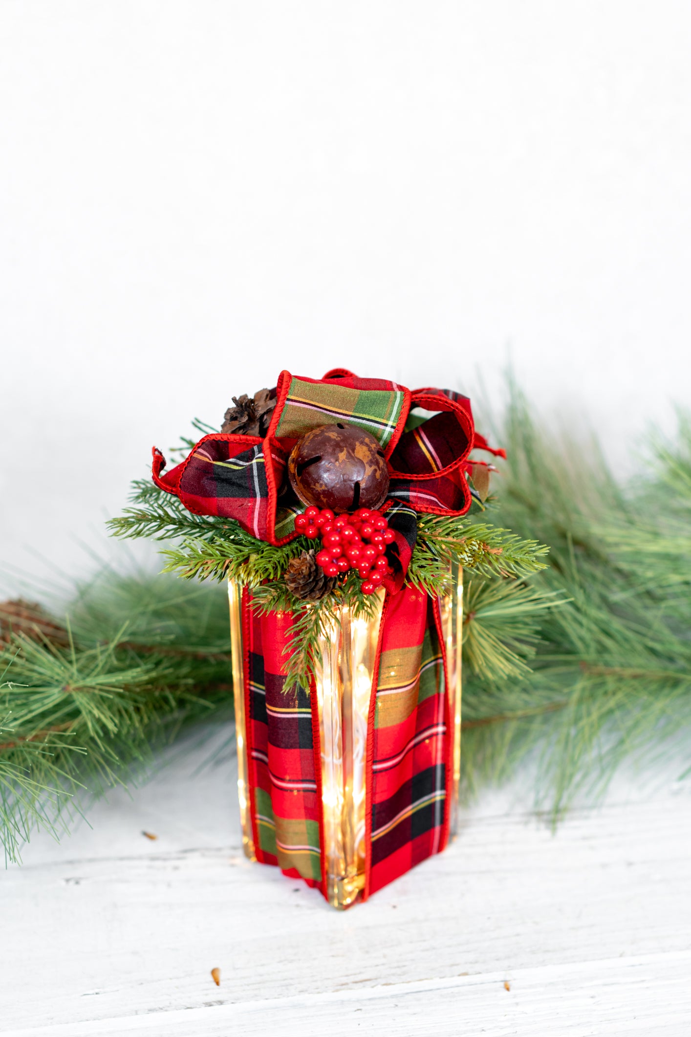 Battery Operated Red & Green Plaid Jingle Bell Vertical Light Block