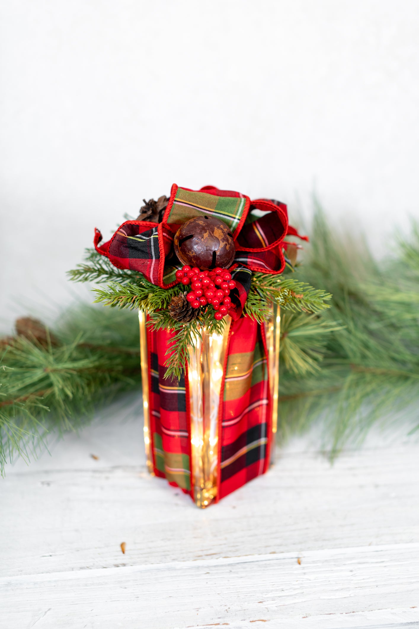 Battery Operated Red & Green Plaid Jingle Bell Vertical Light Block