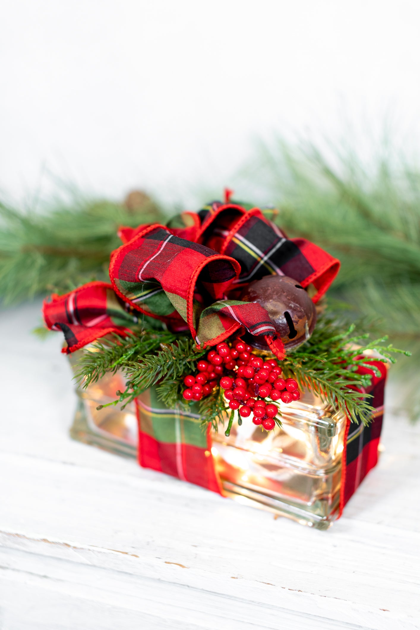 Battery Operated Red & Green Plaid Jingle Bell Horizontal Light Block