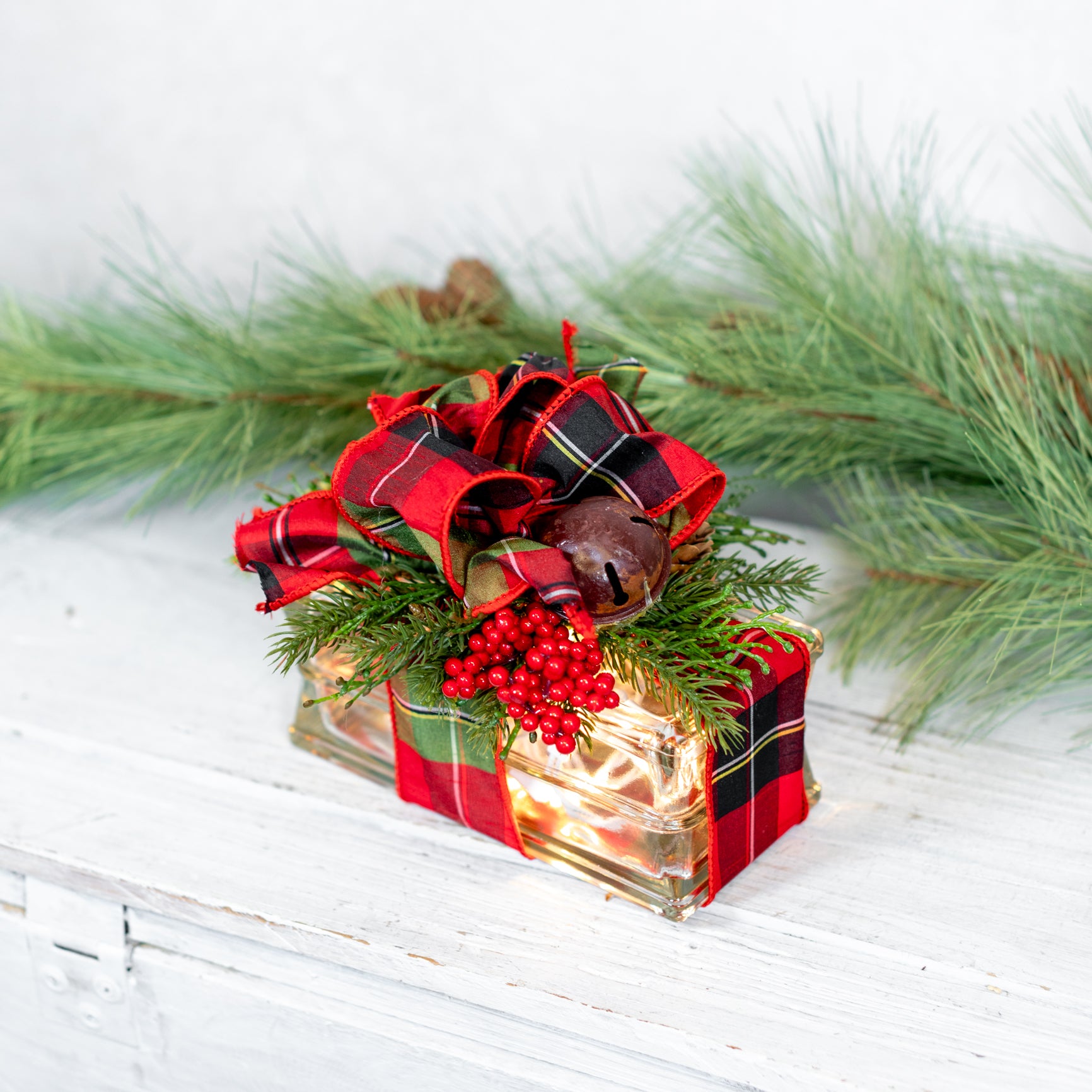 Battery Operated Red & Green Plaid Jingle Bell Horizontal Light Block