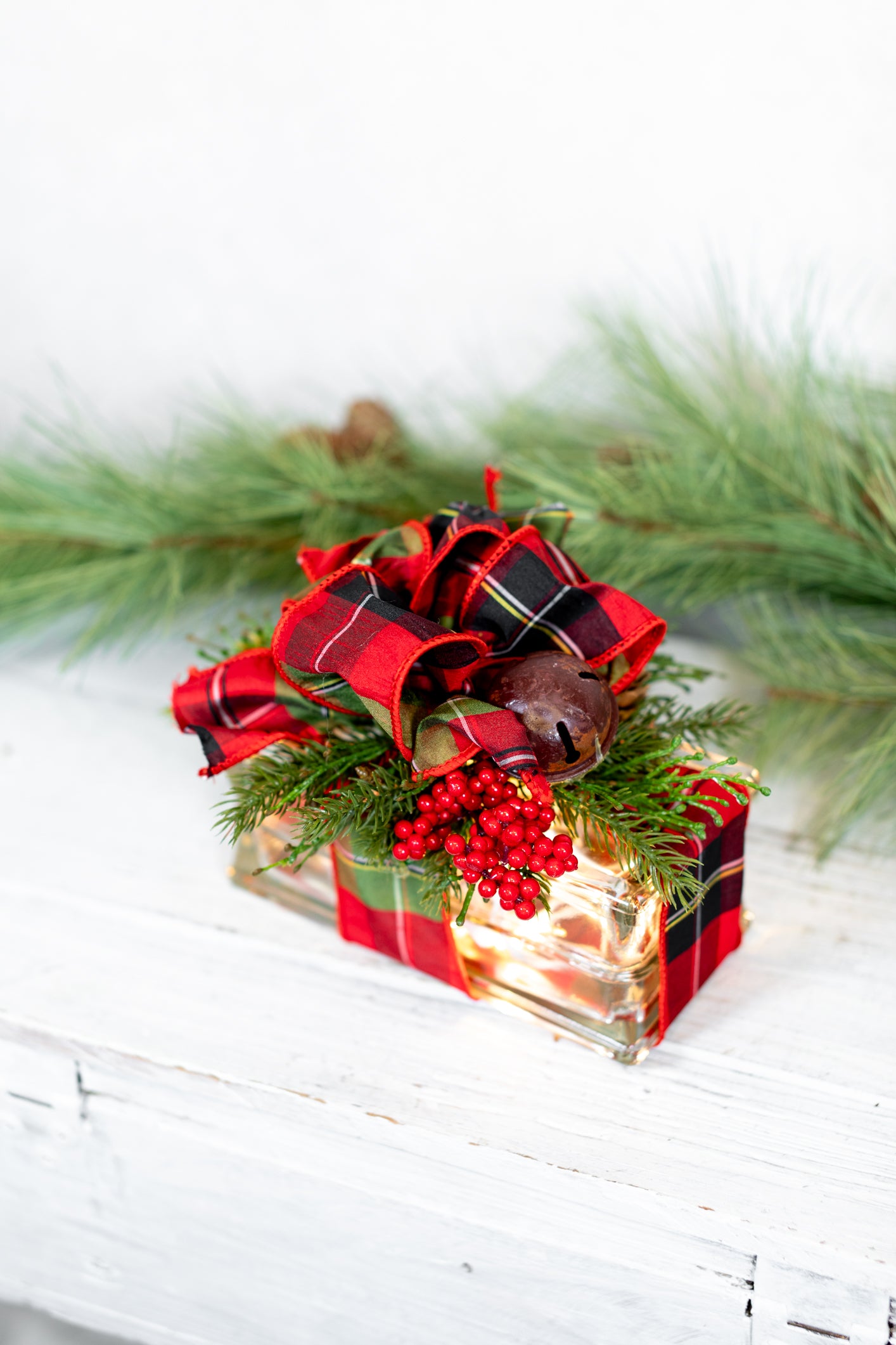 Battery Operated Red & Green Plaid Jingle Bell Horizontal Light Block