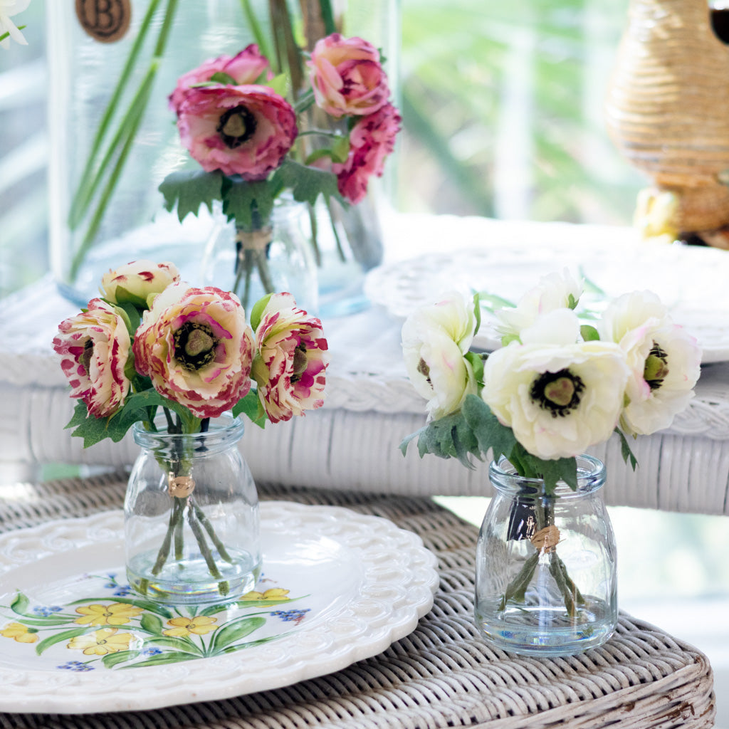 White with Pink Ranunculus Bouquet in Glass Vase with Faux Water