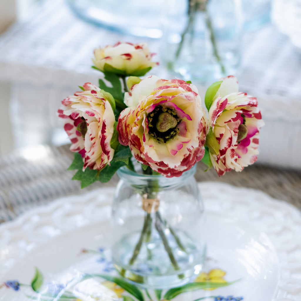 White with Pink Ranunculus Bouquet in Glass Vase with Faux Water