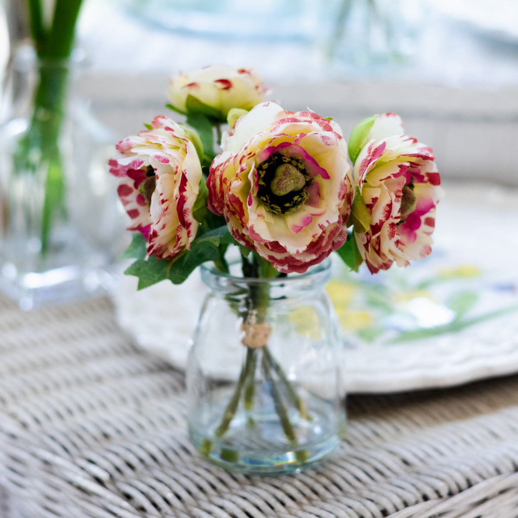 White with Pink Ranunculus Bouquet in Glass Vase with Faux Water