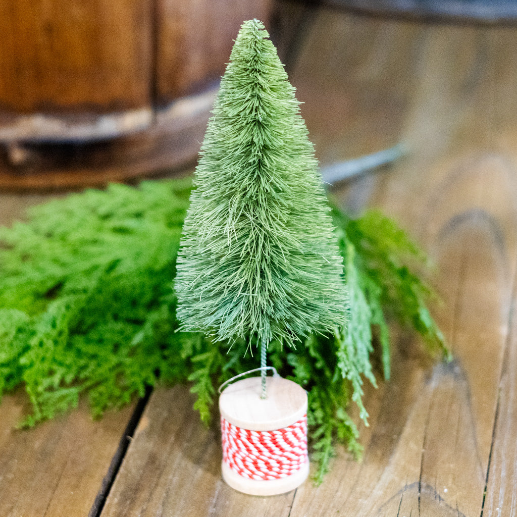 Light Green Sisal Bottle Brush Tree on Red and White Spool