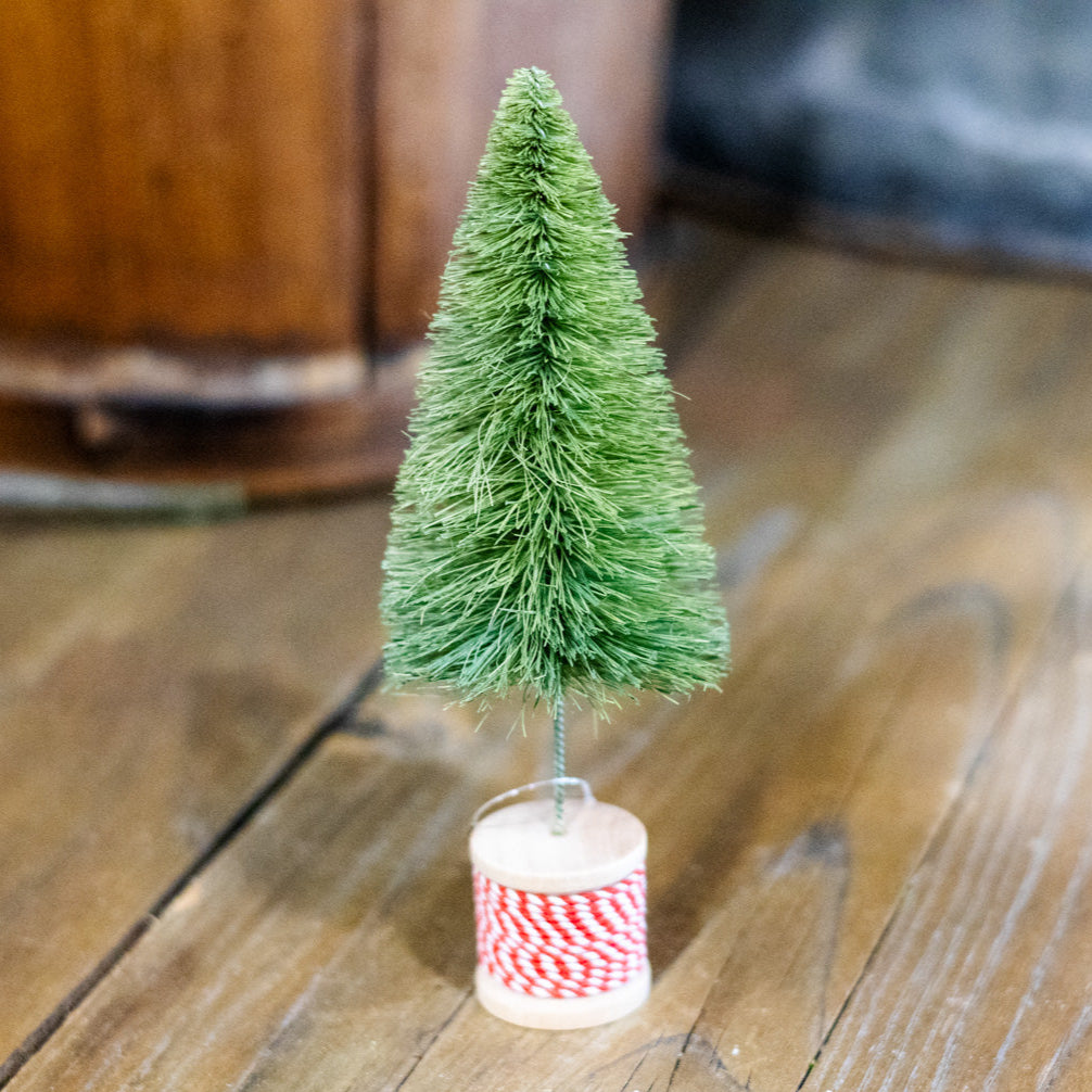Light Green Sisal Bottle Brush Tree on Red and White Spool