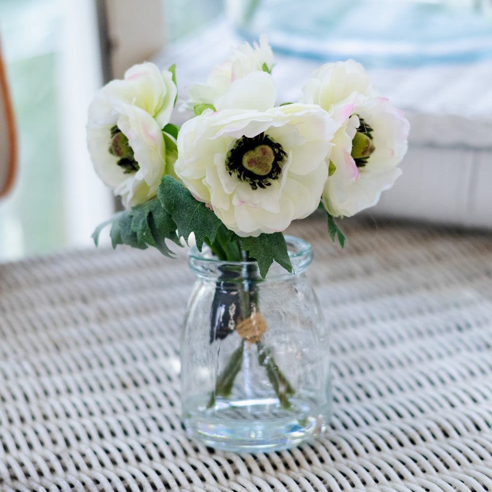 White Ranunculus Bouquet in Glass Vase with Faux Water