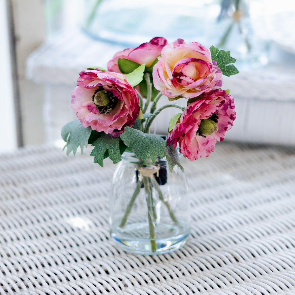 Pink Ranunculus Bouquet in Glass Vase with Faux Water