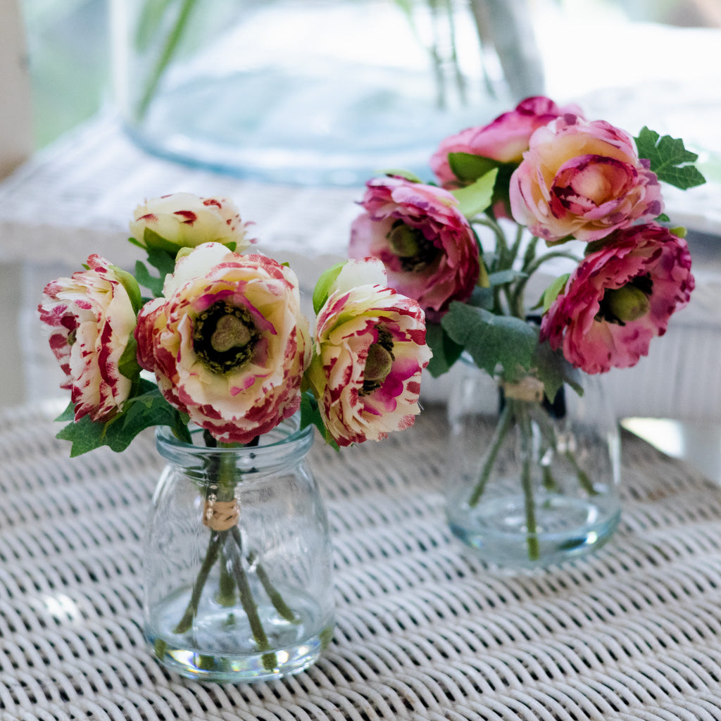 White with Pink Ranunculus Bouquet in Glass Vase with Faux Water