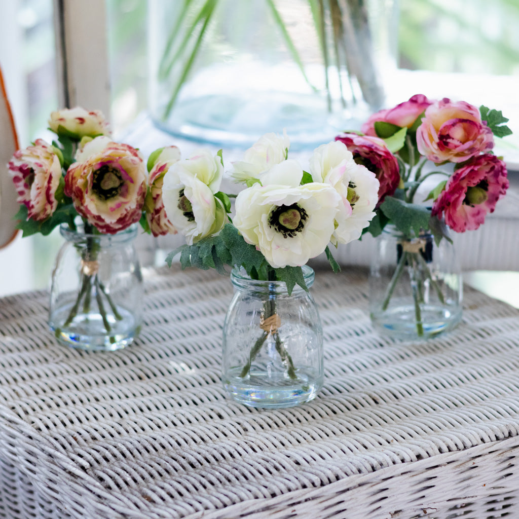 White Ranunculus Bouquet in Glass Vase with Faux Water