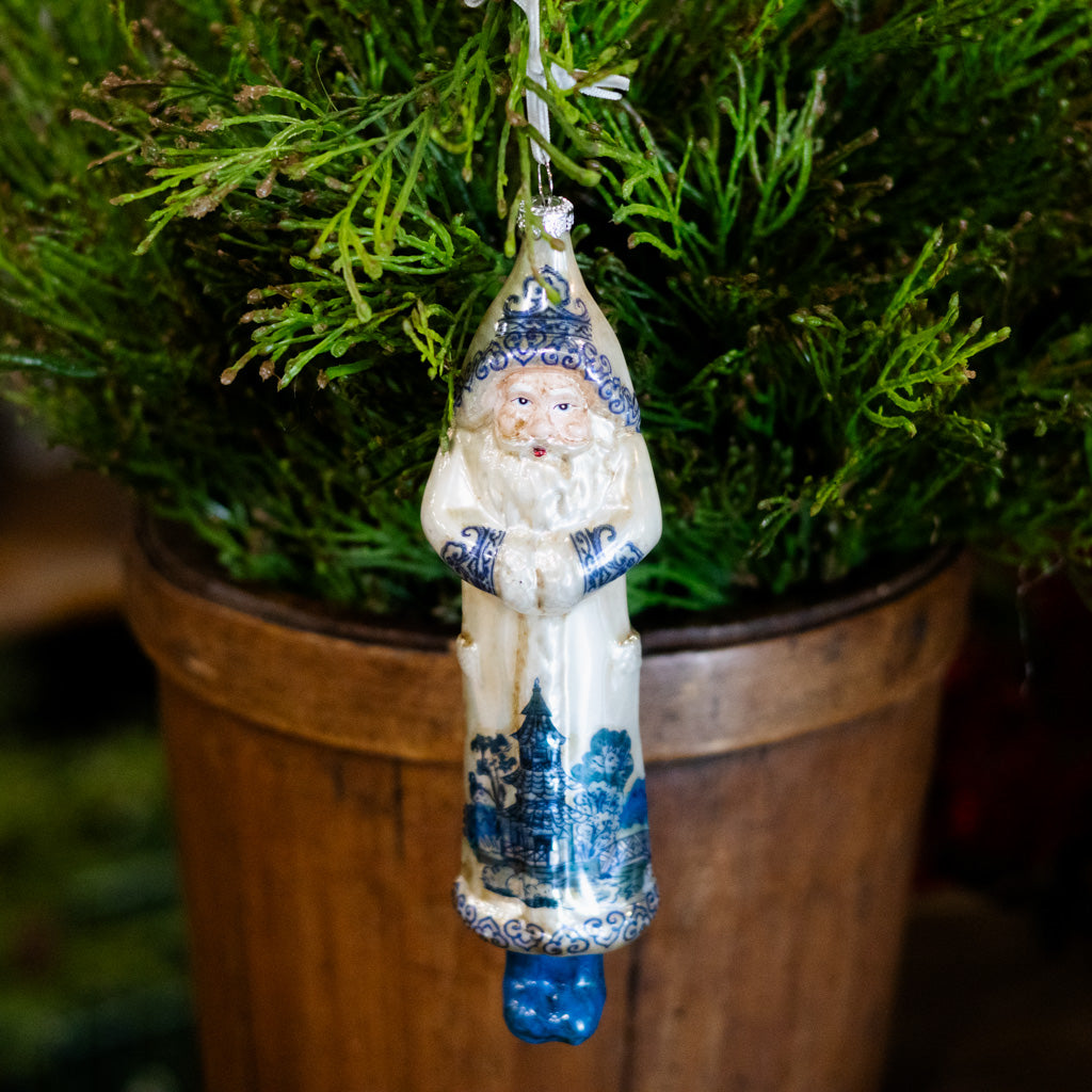 Glass Santa Cream and Blue Ornament