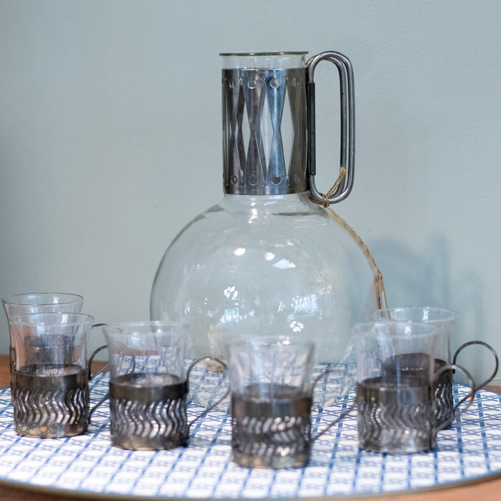 Vintage MCM Corning Pyrex Glass Carafe with Six Demitasse Cups