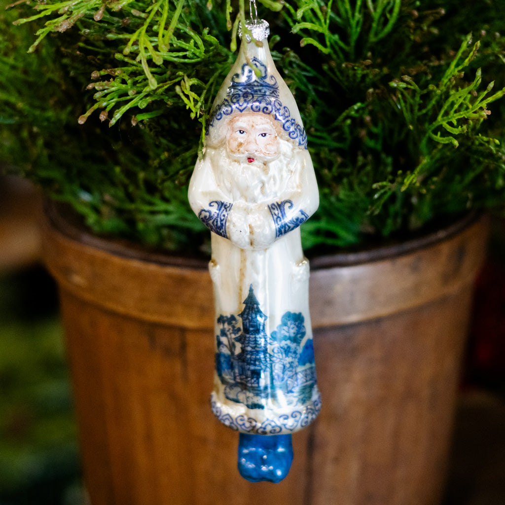 Glass Santa Cream and Blue Ornament