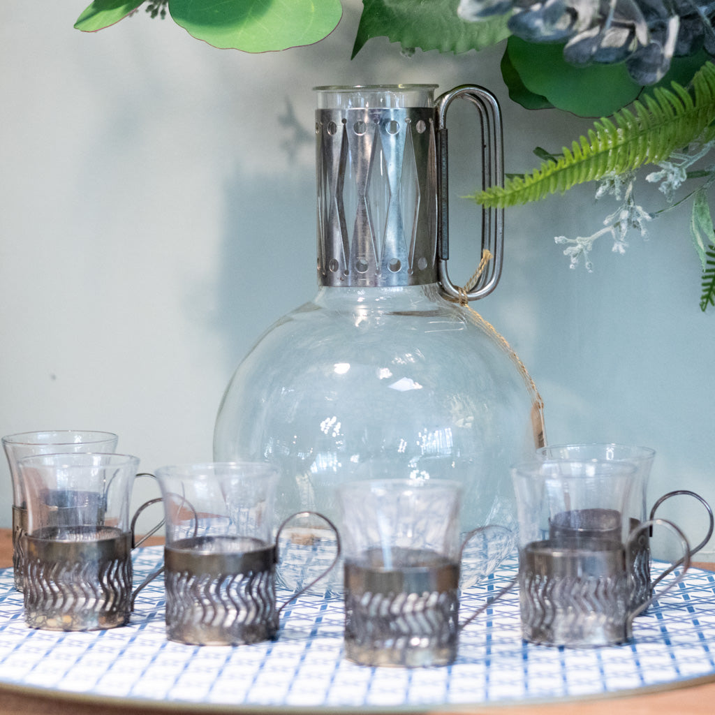 Vintage MCM Corning Pyrex Glass Carafe with Six Demitasse Cups