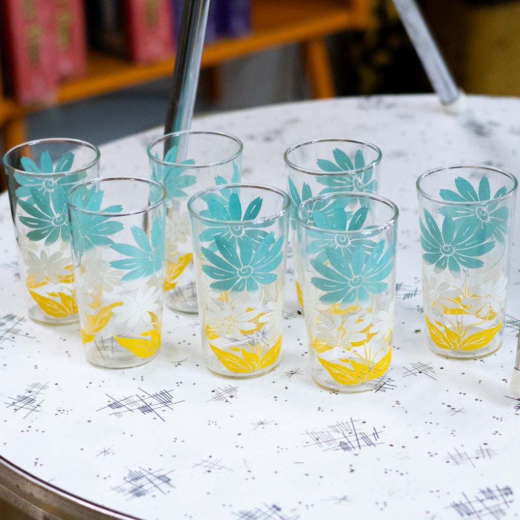MCM Turquoise, White and Yellow Flower Juice Glasses Set of Six