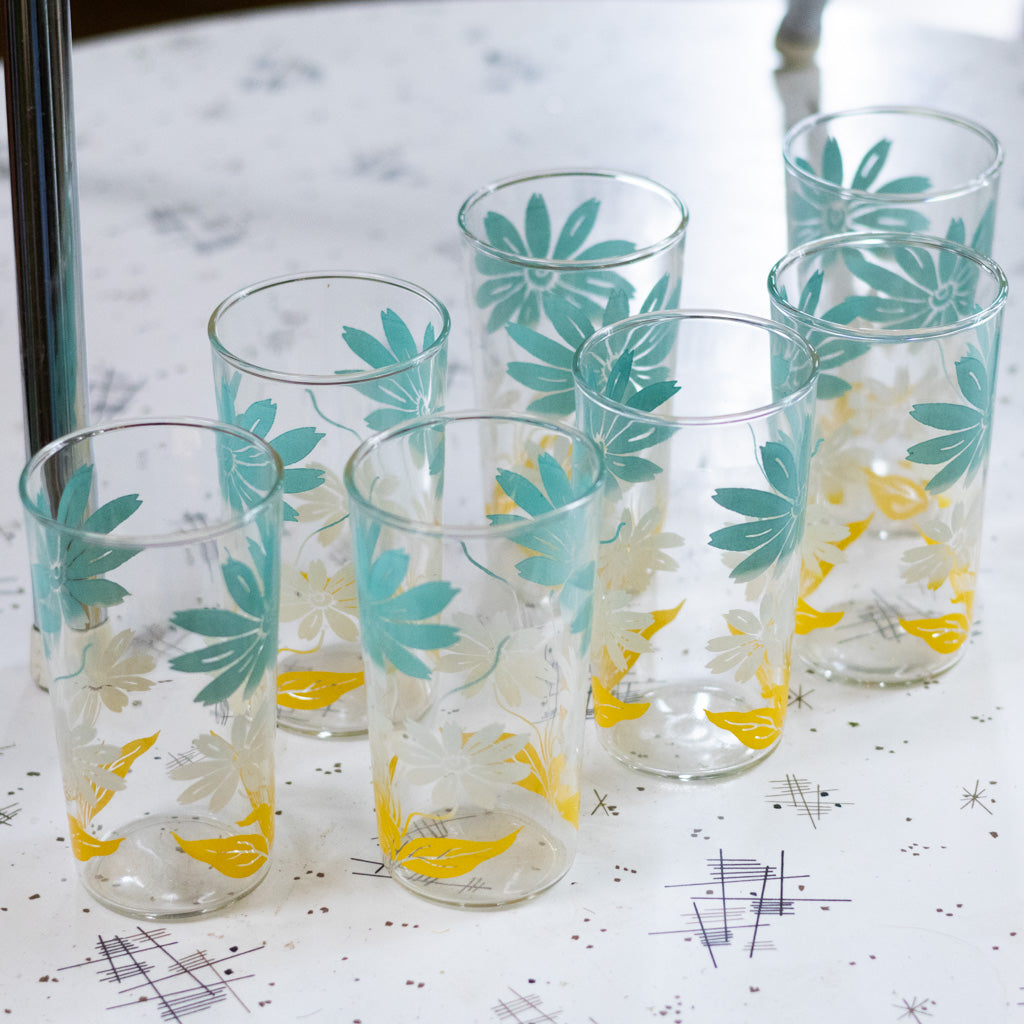 MCM Turquoise, White and Yellow Flower Juice Glasses Set of Six