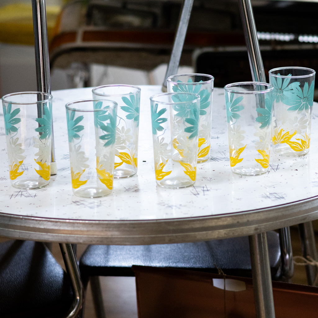 MCM Turquoise, White and Yellow Flower Juice Glasses Set of Six