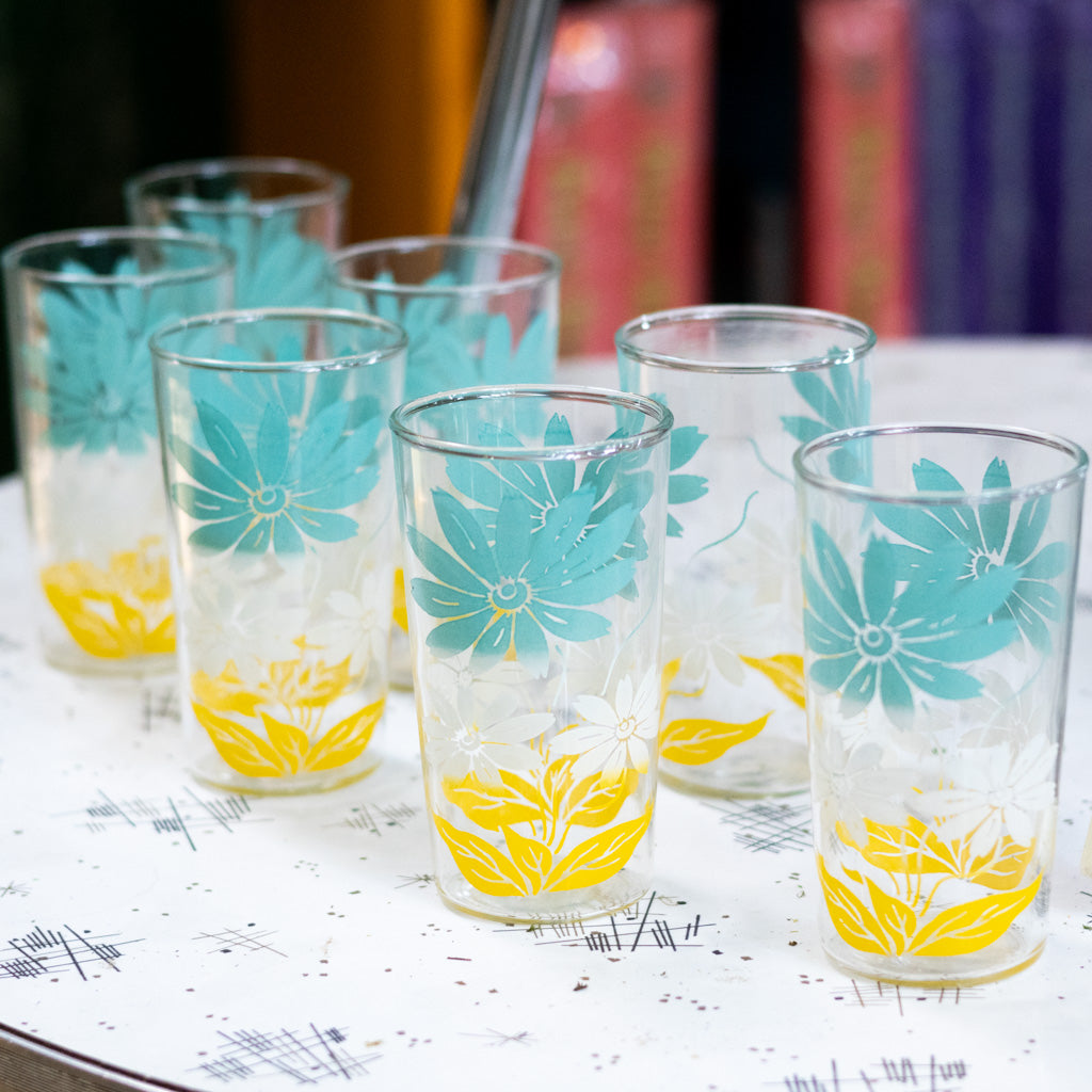 MCM Turquoise, White and Yellow Flower Juice Glasses Set of Six