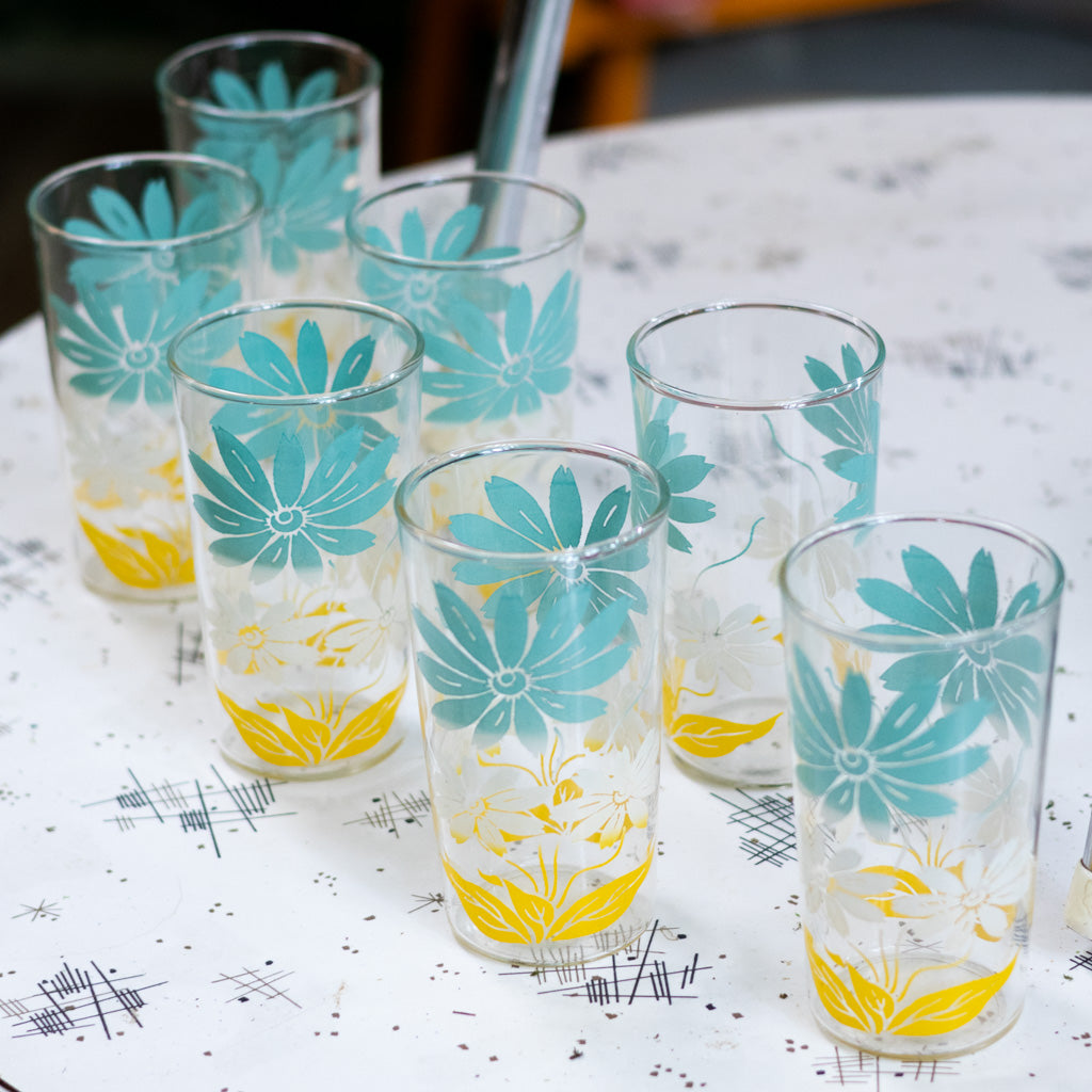 MCM Turquoise, White and Yellow Flower Juice Glasses Set of Six