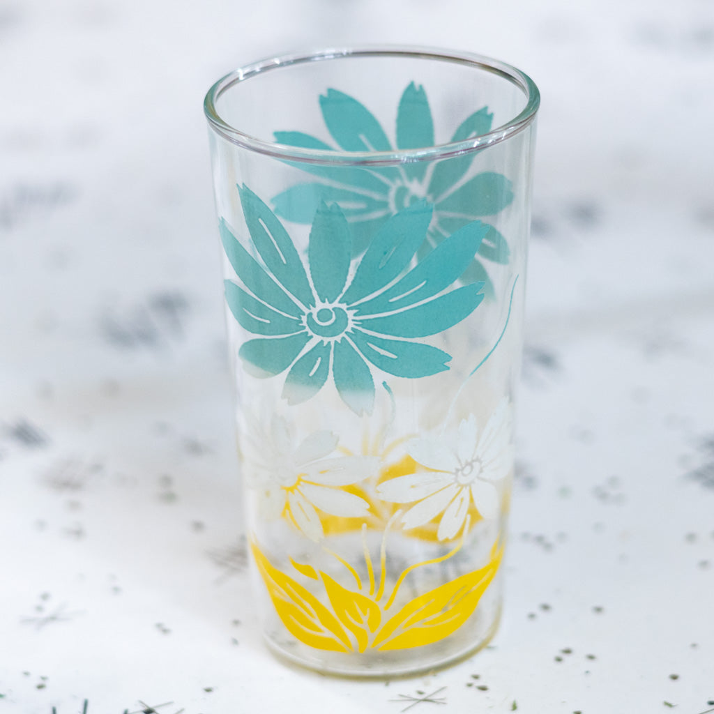 MCM Turquoise, White and Yellow Flower Juice Glasses Set of Six