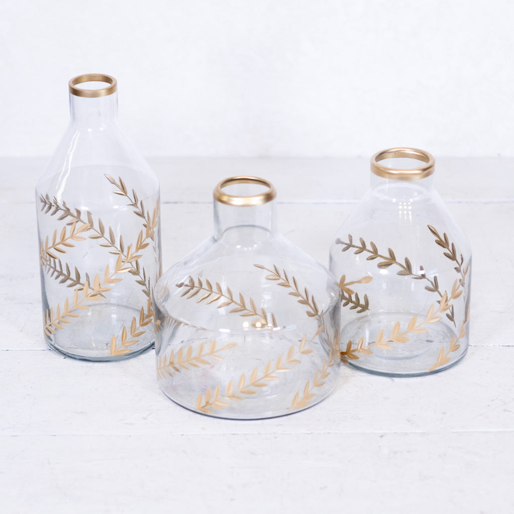 Gold Gilded Leaf Etched Clear Glass Vase Round
