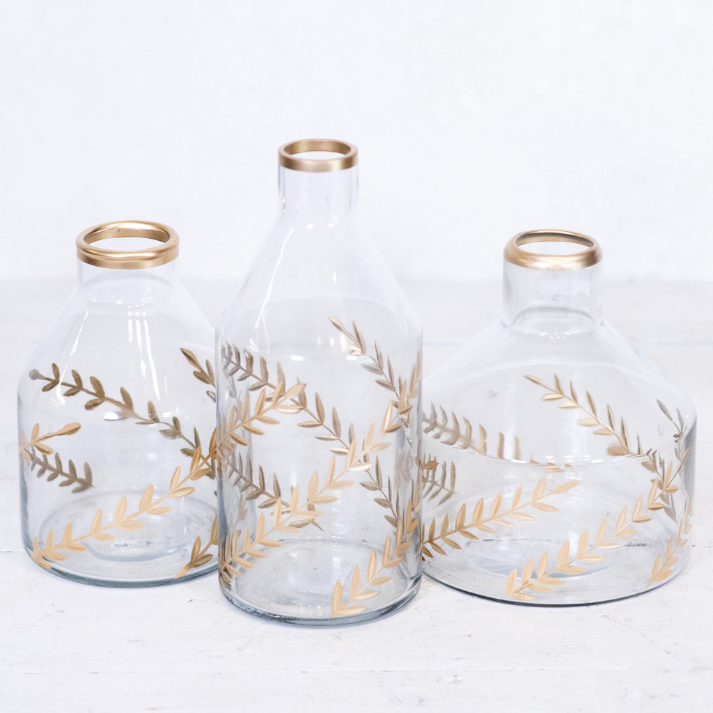 Gold Gilded Leaf Etched Clear Glass Vase Tall
