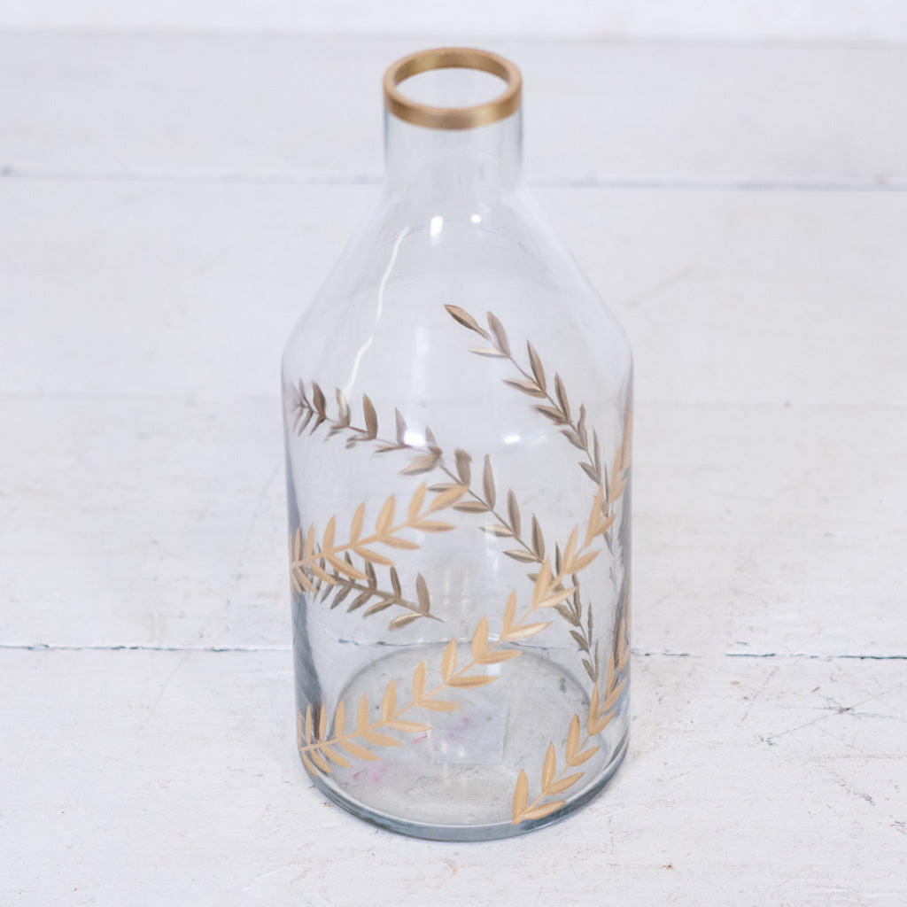 Gold Gilded Leaf Etched Clear Glass Vase Tall