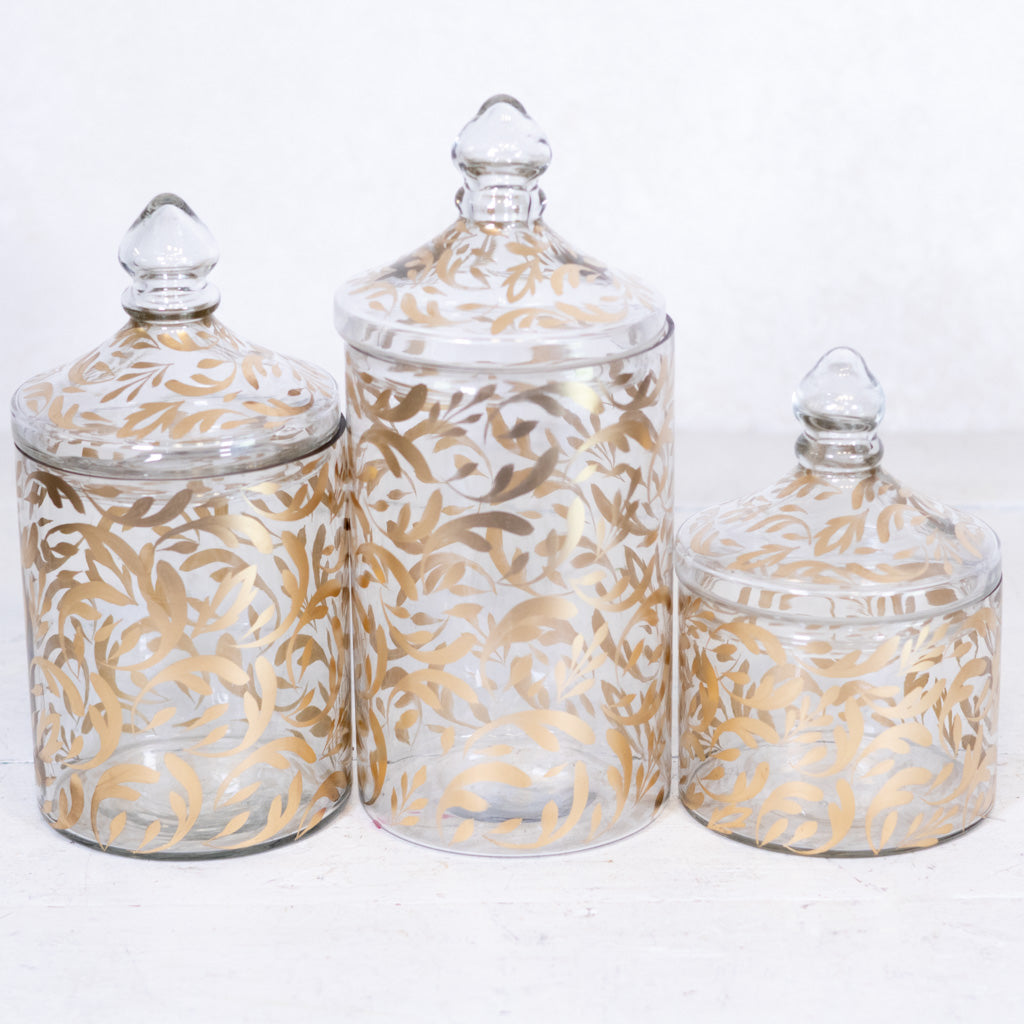 Glass Gold Leaf Pattern Container with Lid Tall