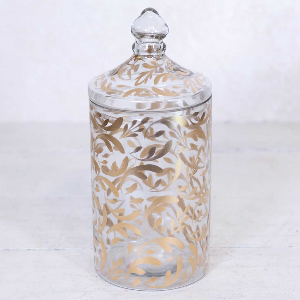 Glass Gold Leaf Pattern Container with Lid Tall