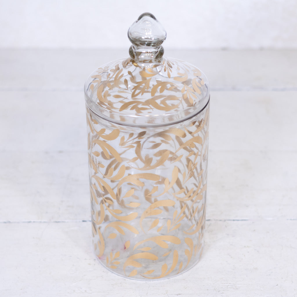 Glass Gold Leaf Pattern Container with Lid Tall