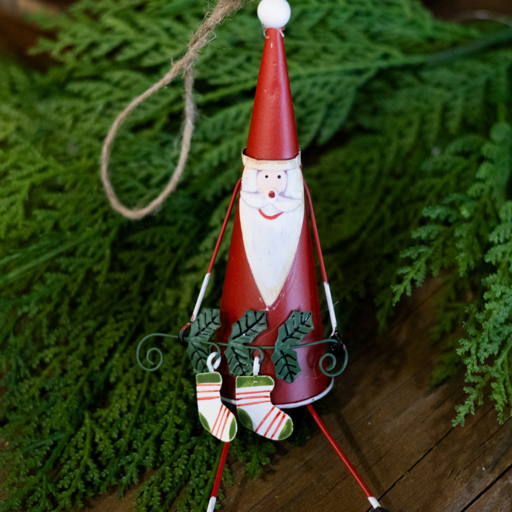 Cone Shaped Metal Santa with Stockings
