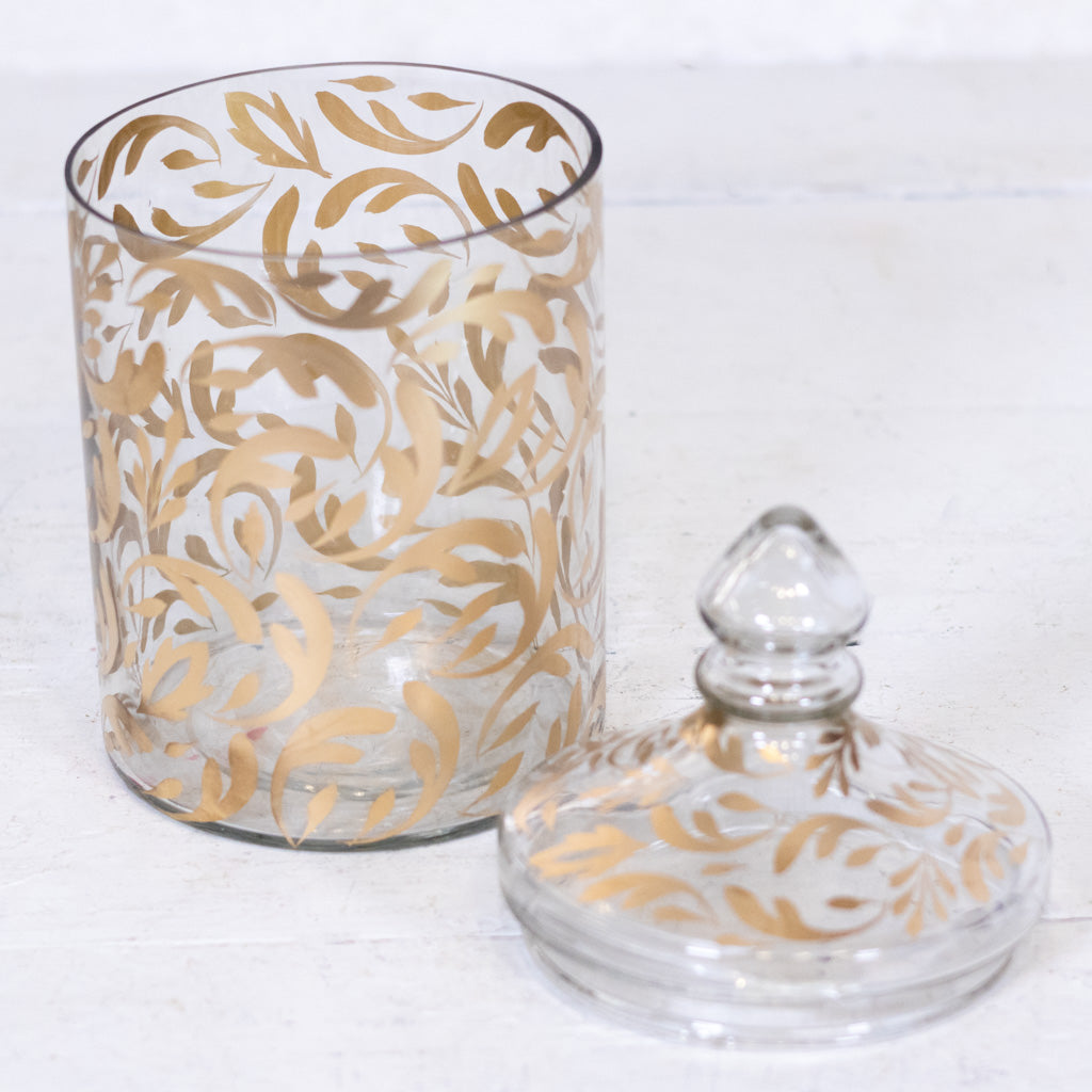 Glass Gold Leaf Pattern Container with Lid Medium