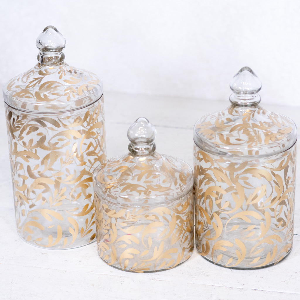 Glass Gold Leaf Pattern Container with Lid Small