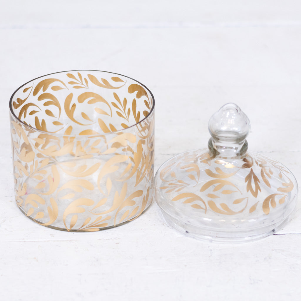 Glass Gold Leaf Pattern Container with Lid Small