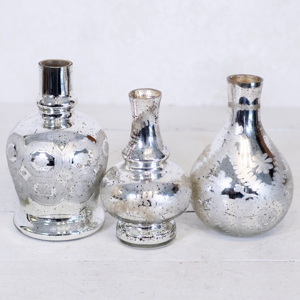Silver Mercury Glass Etched Bud Vase Short