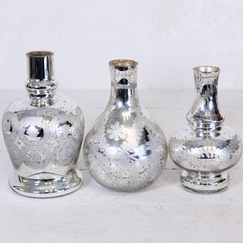 Silver Mercury Glass Etched Bud Vase Medium
