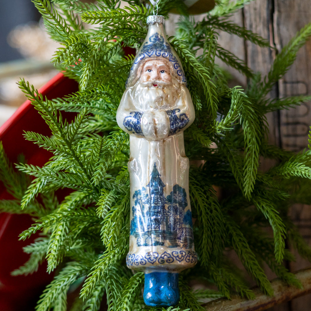 Glass Santa Cream and Blue Ornament