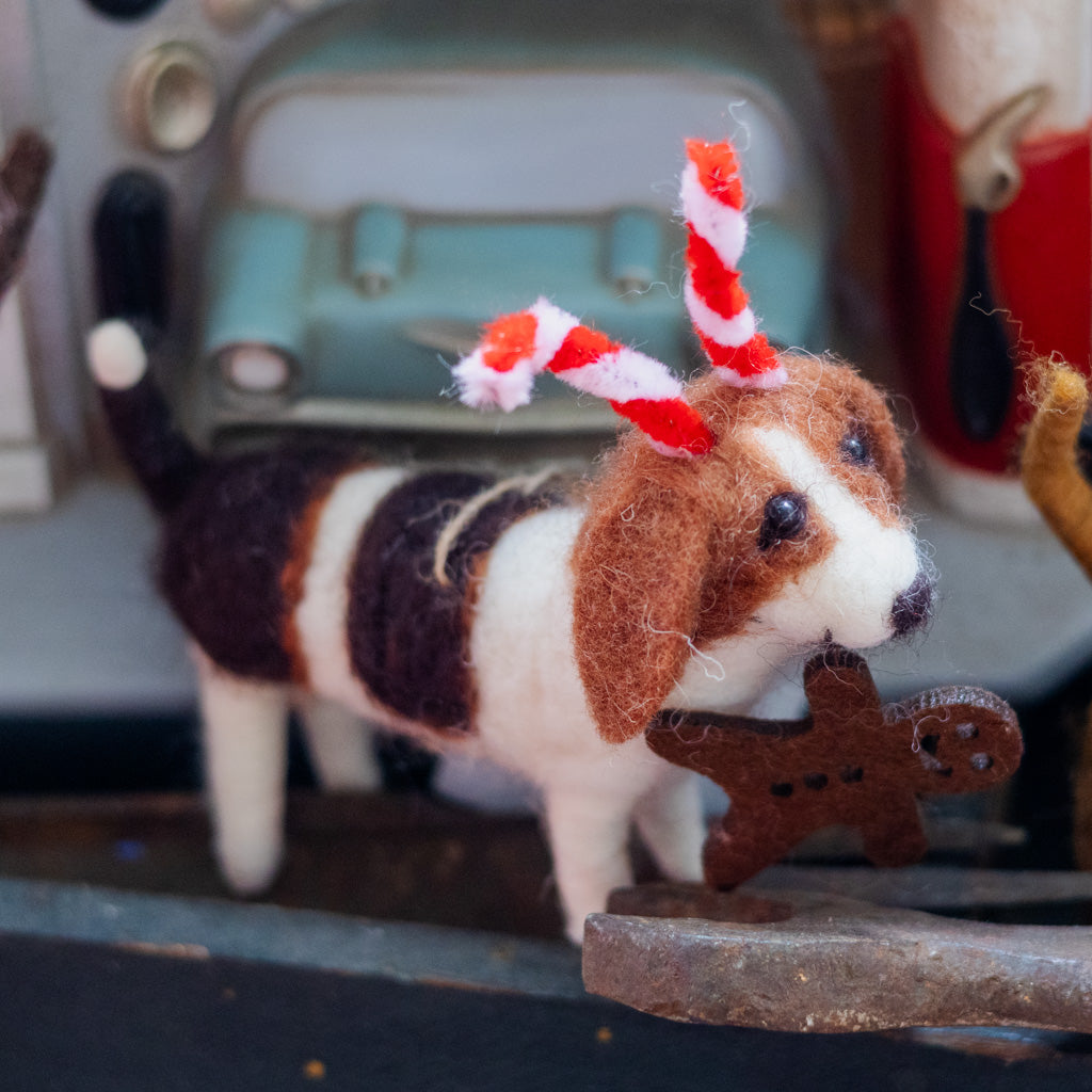 Felt Beagle with Candy Cane Antlers and Cookie Ornament