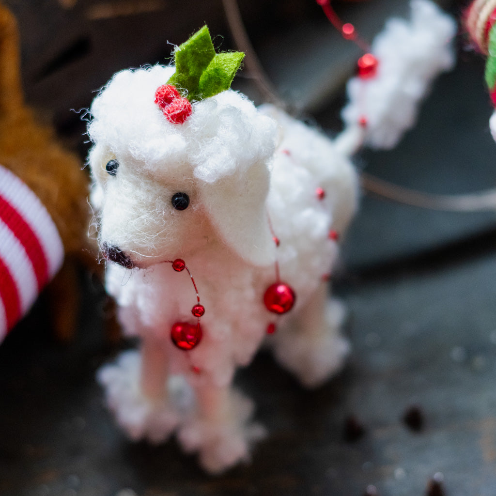 Felt White Poodle Ornament with Holly Hat and Red Bead Garland