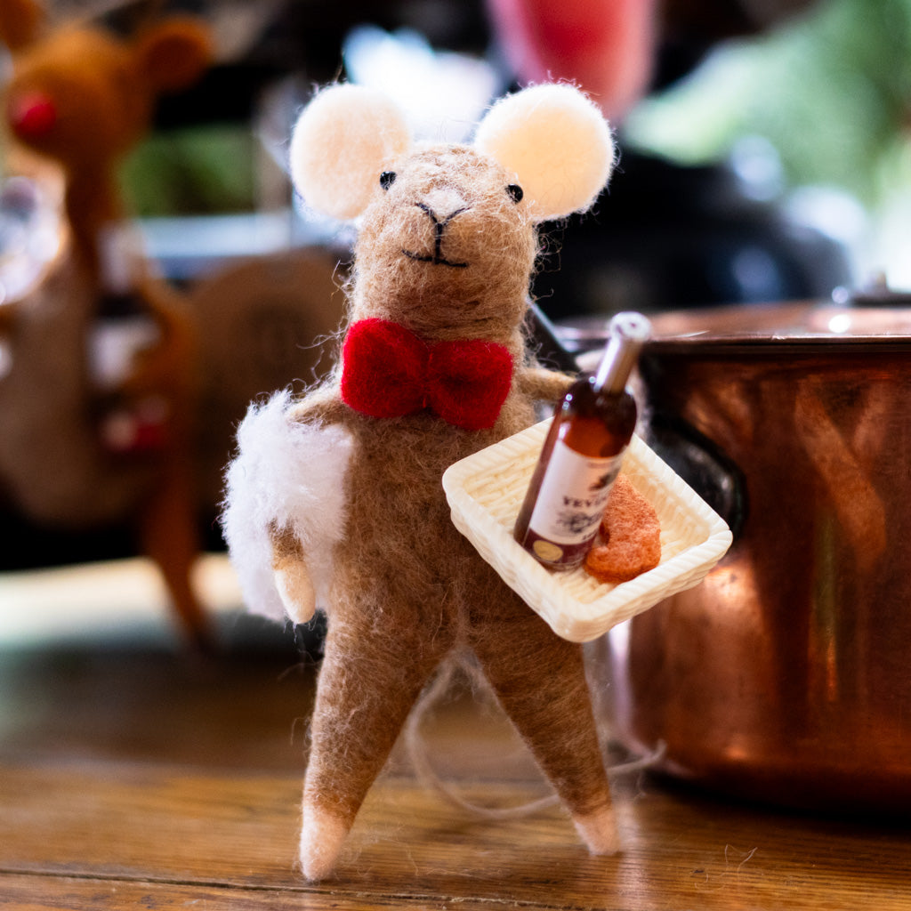 Felt Waiter Mouse with Red Bowtie Holding Wine Tray