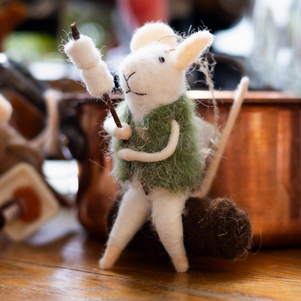 Felt Mouse in Green Vest Roasting Marshmallows Ornament