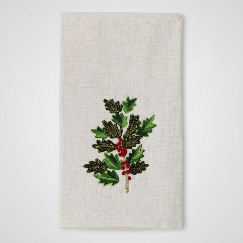 Cream Tea Towel with Holly Leaves and Berries