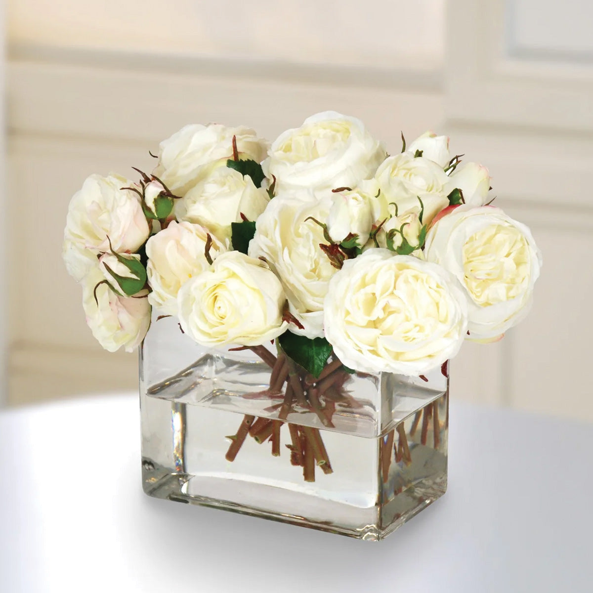White Roses in Rectangle Clear Vase