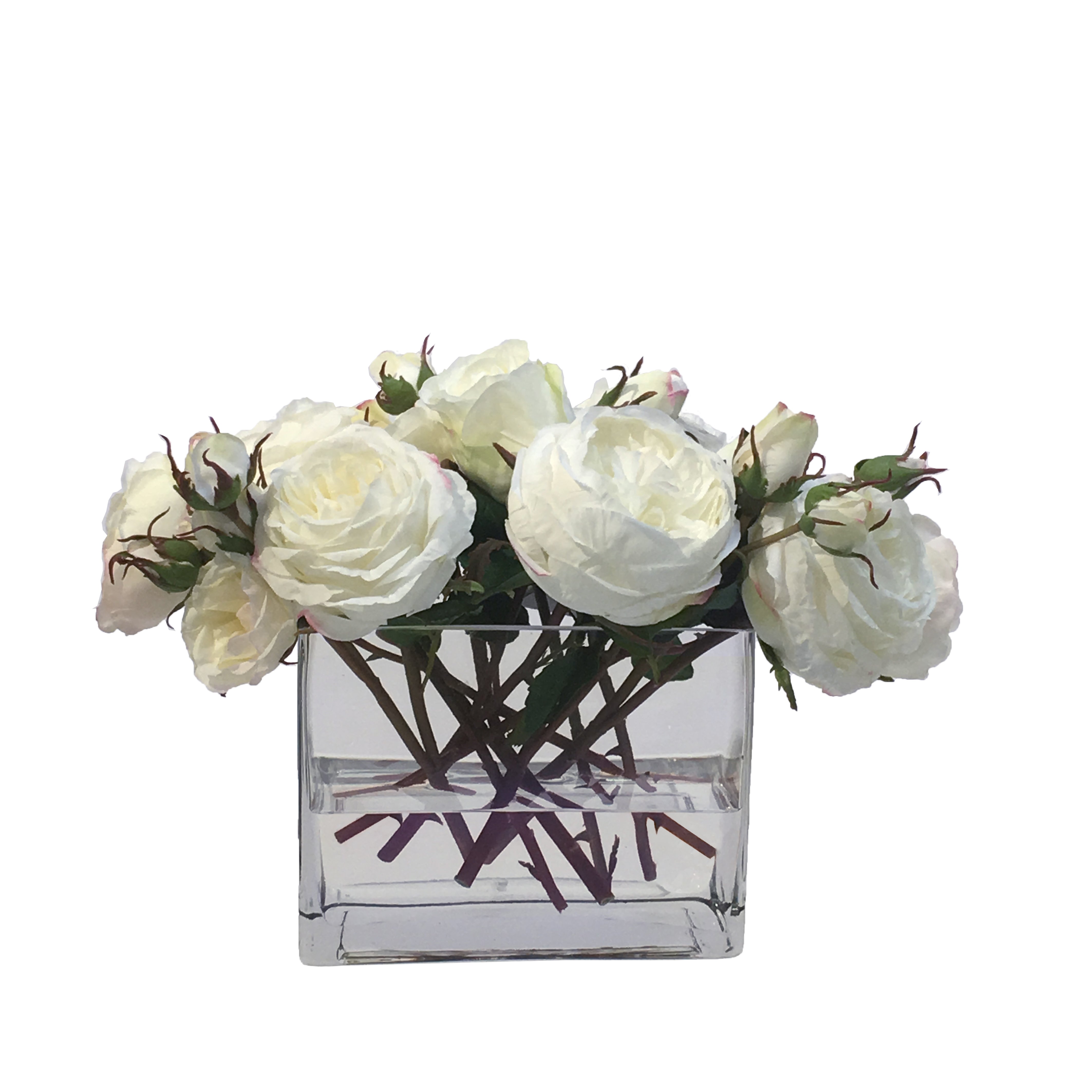 White Roses in Rectangle Clear Vase
