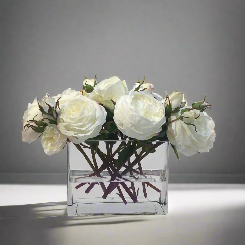 White Roses in Rectangle Clear Vase