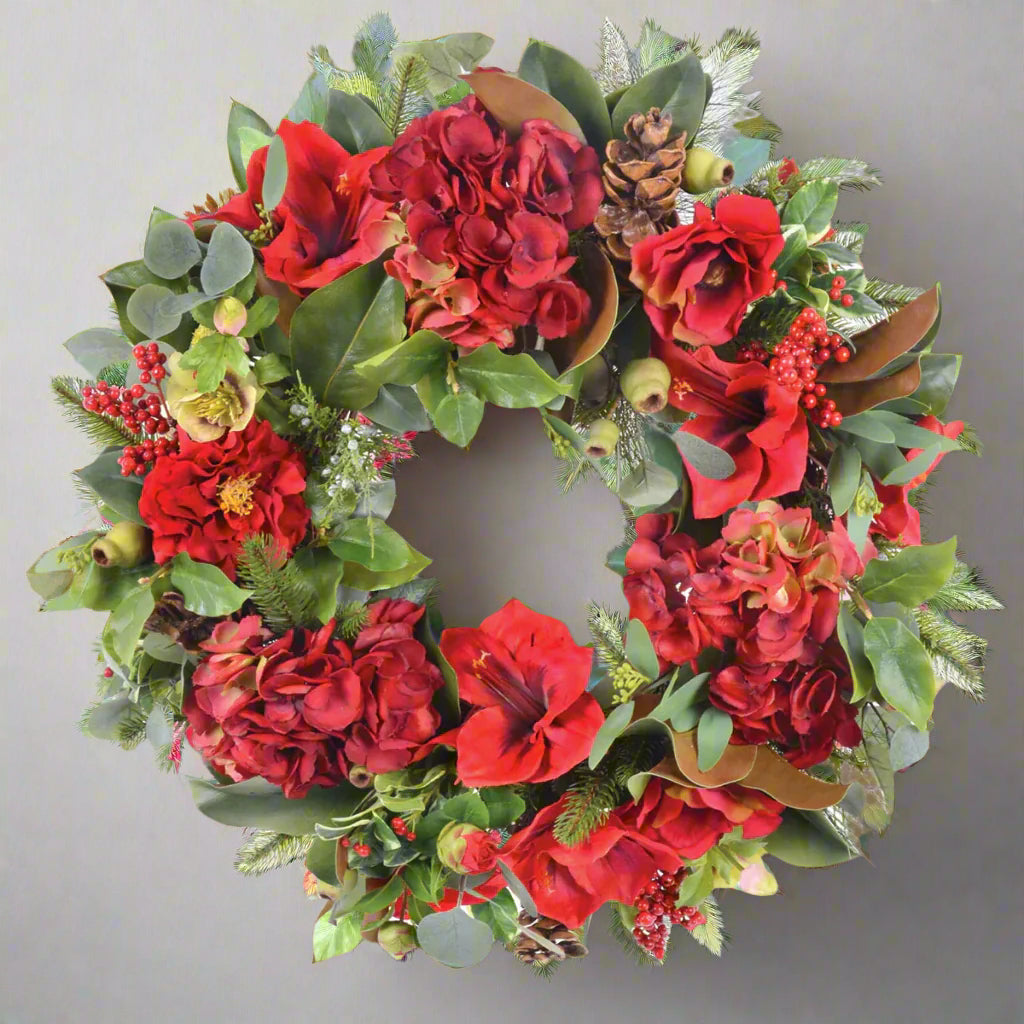 Red Amaryllis and Hydrangea Wreath