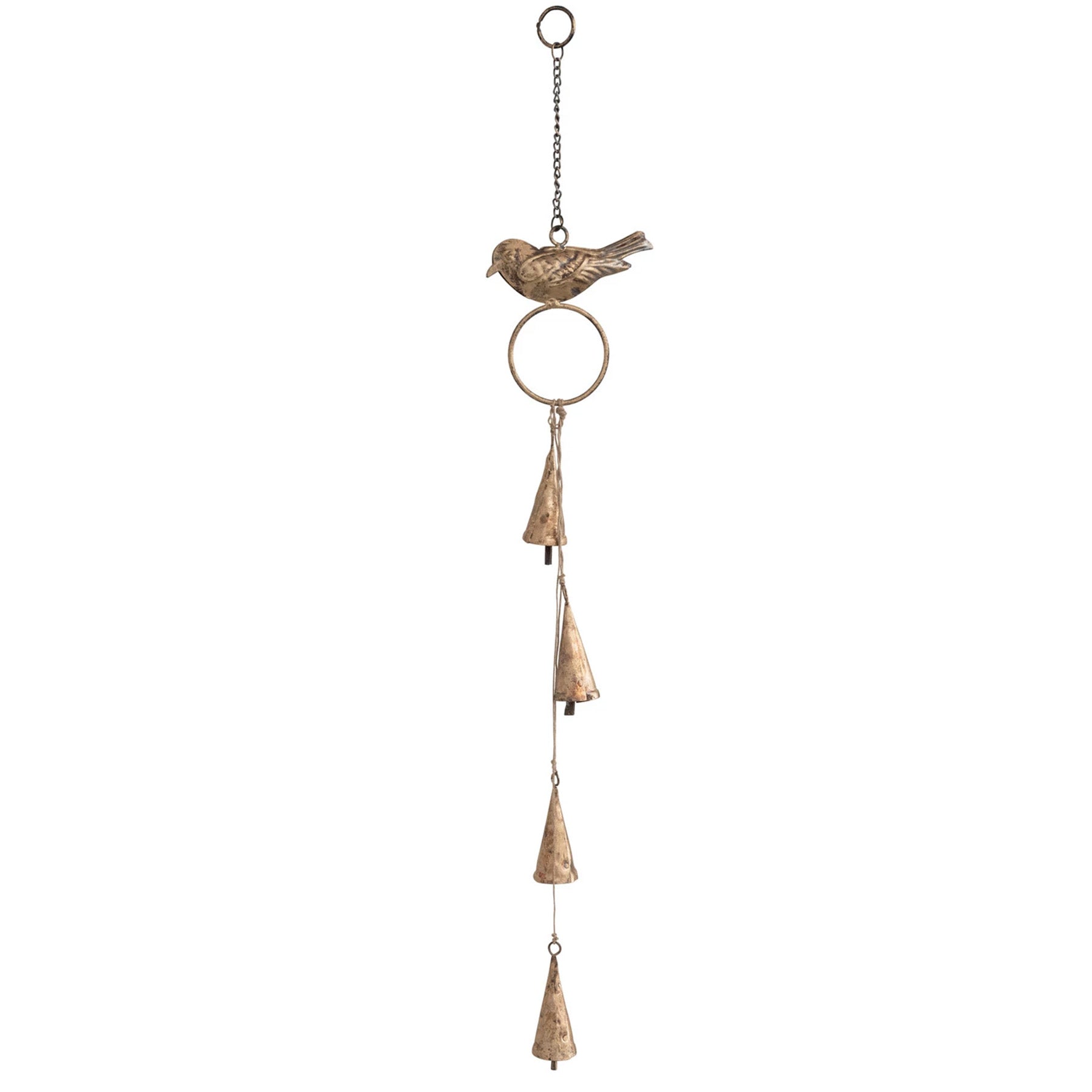 Hanging Gold Metal Bells Wind Chime with Bird on Chain Brass Finish