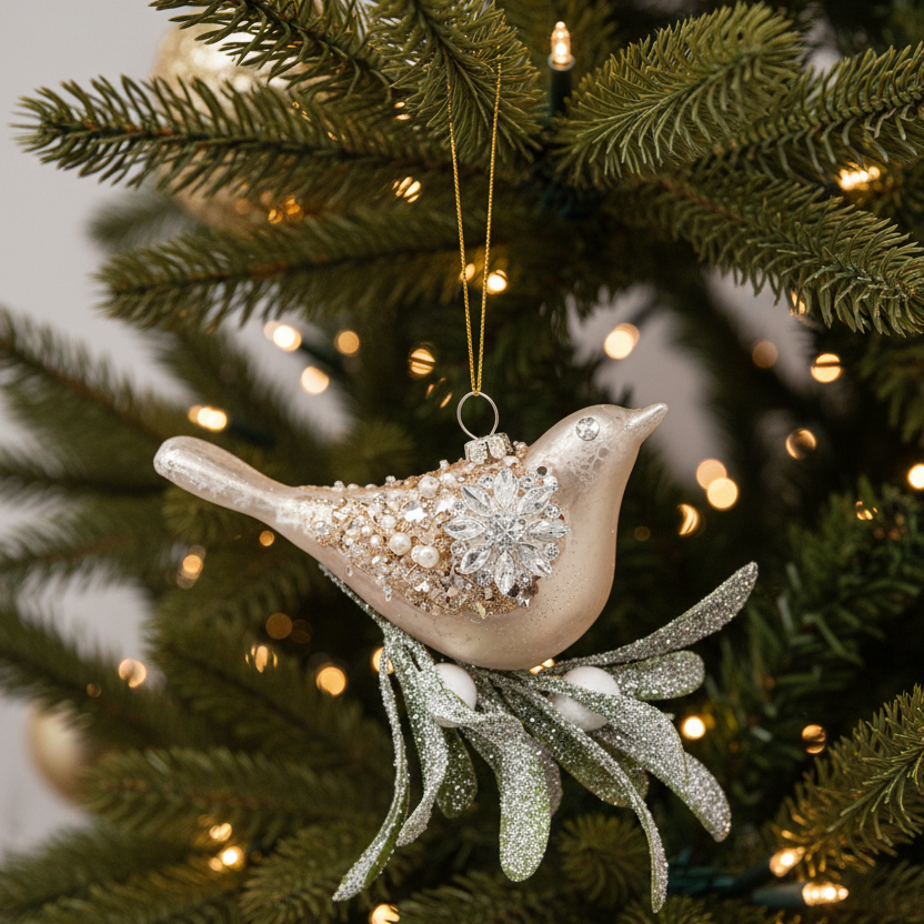 Glass Silver Sequin Bird with Mistletoe Ornament